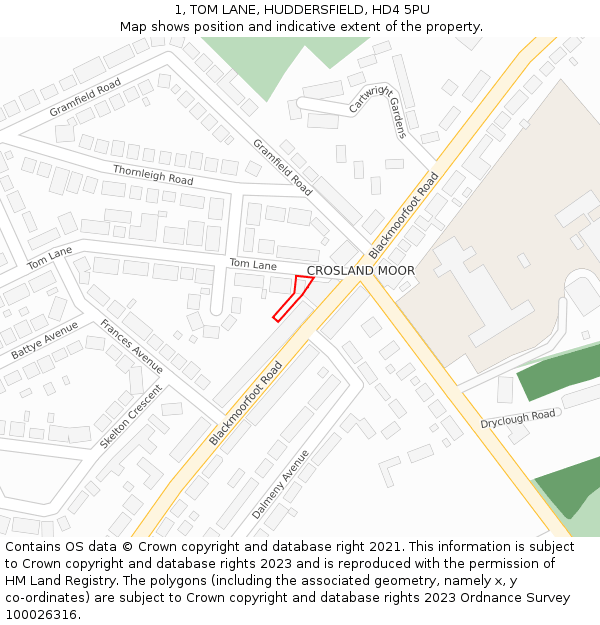 1, TOM LANE, HUDDERSFIELD, HD4 5PU: Location map and indicative extent of plot