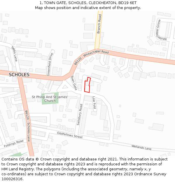 1, TOWN GATE, SCHOLES, CLECKHEATON, BD19 6ET: Location map and indicative extent of plot