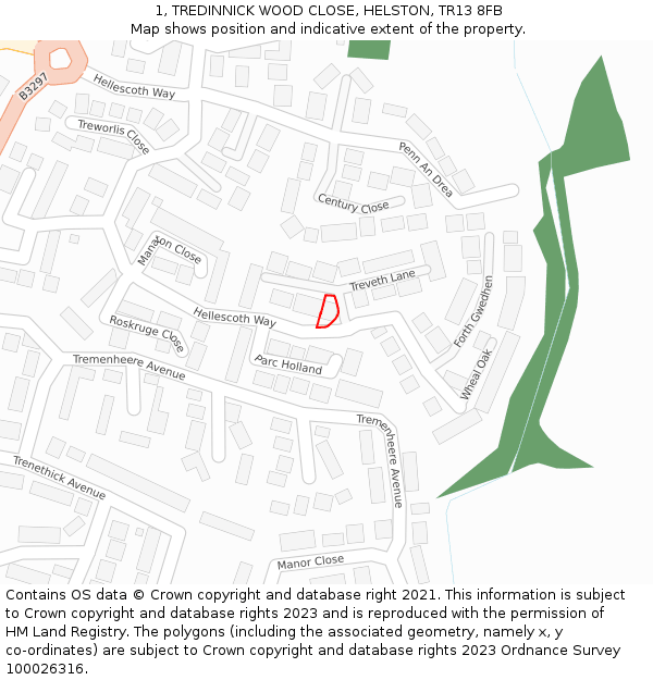 1, TREDINNICK WOOD CLOSE, HELSTON, TR13 8FB: Location map and indicative extent of plot