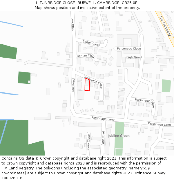 1, TUNBRIDGE CLOSE, BURWELL, CAMBRIDGE, CB25 0EL: Location map and indicative extent of plot