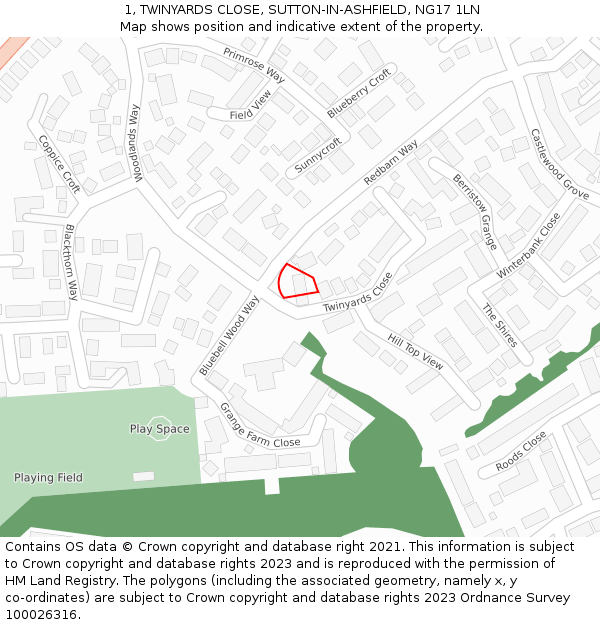 1, TWINYARDS CLOSE, SUTTON-IN-ASHFIELD, NG17 1LN: Location map and indicative extent of plot