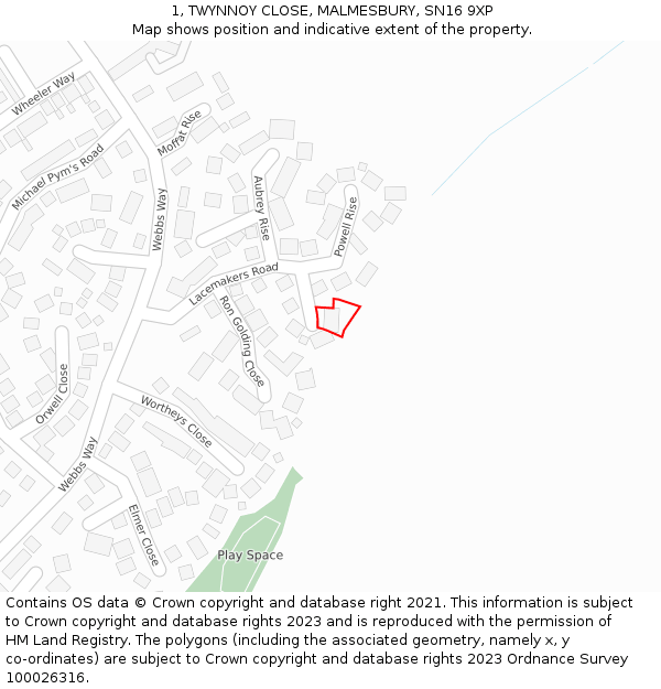 1, TWYNNOY CLOSE, MALMESBURY, SN16 9XP: Location map and indicative extent of plot