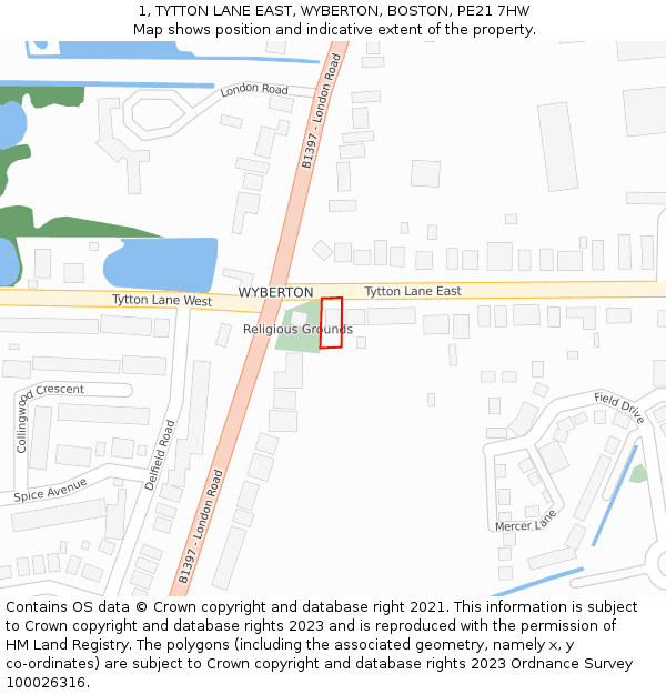 1, TYTTON LANE EAST, WYBERTON, BOSTON, PE21 7HW: Location map and indicative extent of plot