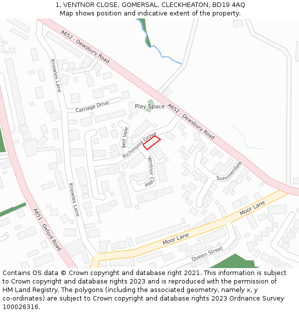 1, VENTNOR CLOSE, GOMERSAL, CLECKHEATON, BD19 4AQ: Location map and indicative extent of plot