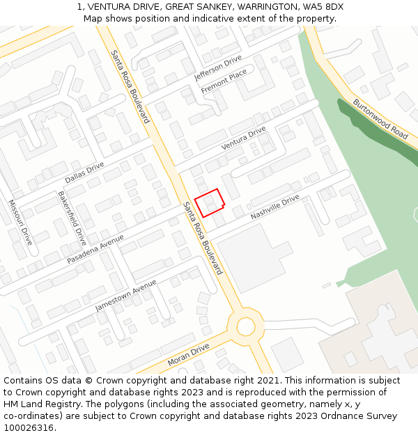 1, VENTURA DRIVE, GREAT SANKEY, WARRINGTON, WA5 8DX: Location map and indicative extent of plot