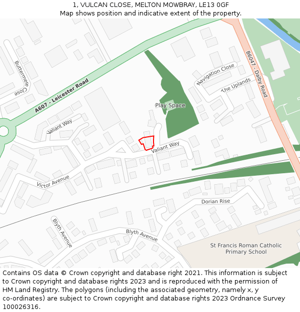 1, VULCAN CLOSE, MELTON MOWBRAY, LE13 0GF: Location map and indicative extent of plot