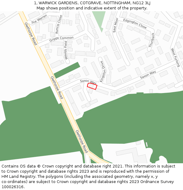 1, WARWICK GARDENS, COTGRAVE, NOTTINGHAM, NG12 3LJ: Location map and indicative extent of plot