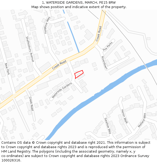 1, WATERSIDE GARDENS, MARCH, PE15 8RW: Location map and indicative extent of plot