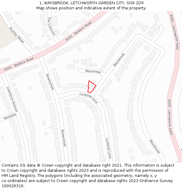 1, WAYSBROOK, LETCHWORTH GARDEN CITY, SG6 2DX: Location map and indicative extent of plot