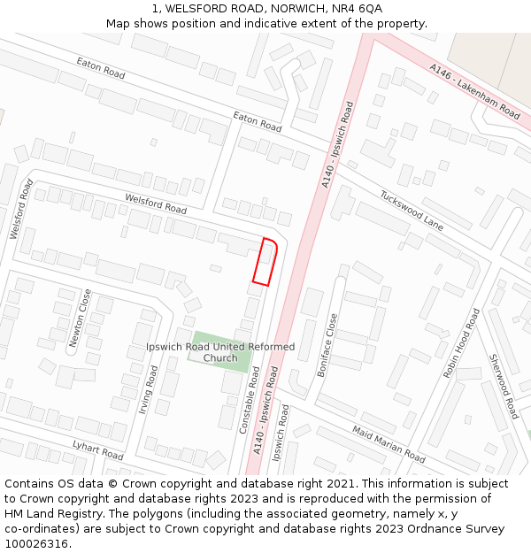 1, WELSFORD ROAD, NORWICH, NR4 6QA: Location map and indicative extent of plot