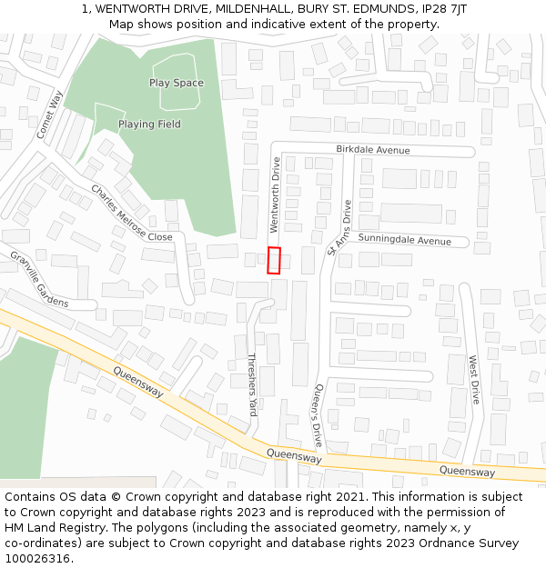 1, WENTWORTH DRIVE, MILDENHALL, BURY ST. EDMUNDS, IP28 7JT: Location map and indicative extent of plot