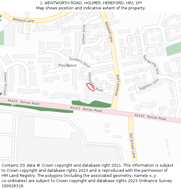 1, WENTWORTH ROAD, HOLMER, HEREFORD, HR1 1PY: Location map and indicative extent of plot