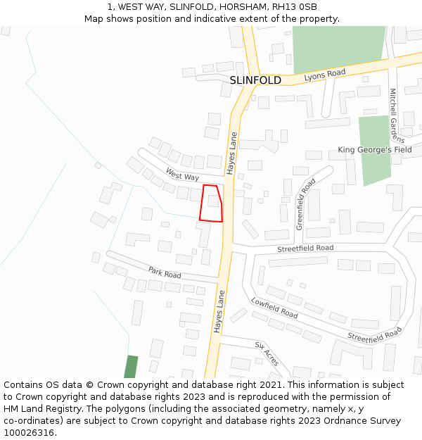 1, WEST WAY, SLINFOLD, HORSHAM, RH13 0SB: Location map and indicative extent of plot