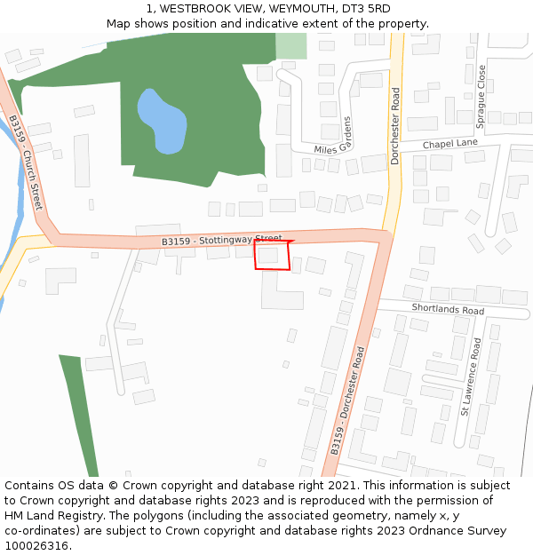 1, WESTBROOK VIEW, WEYMOUTH, DT3 5RD: Location map and indicative extent of plot