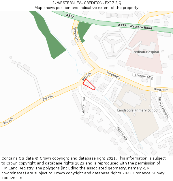 1, WESTERNLEA, CREDITON, EX17 3JQ: Location map and indicative extent of plot