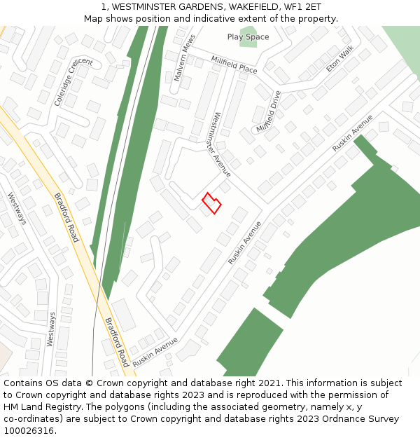 1, WESTMINSTER GARDENS, WAKEFIELD, WF1 2ET: Location map and indicative extent of plot