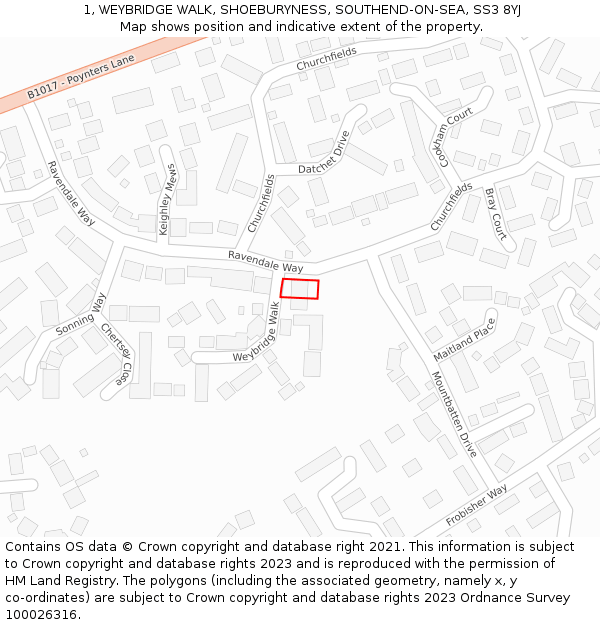 1, WEYBRIDGE WALK, SHOEBURYNESS, SOUTHEND-ON-SEA, SS3 8YJ: Location map and indicative extent of plot