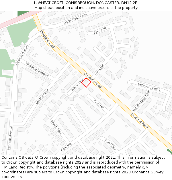 1, WHEAT CROFT, CONISBROUGH, DONCASTER, DN12 2BL: Location map and indicative extent of plot