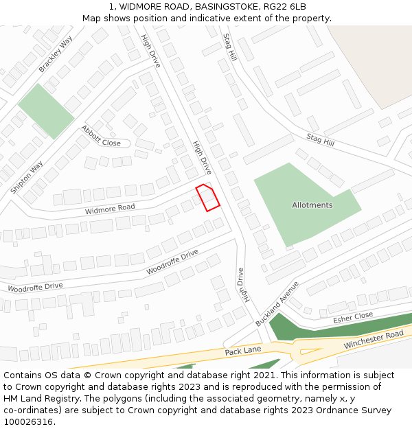 1, WIDMORE ROAD, BASINGSTOKE, RG22 6LB: Location map and indicative extent of plot