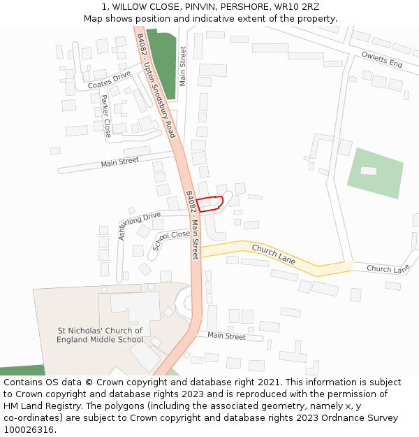 1, WILLOW CLOSE, PINVIN, PERSHORE, WR10 2RZ: Location map and indicative extent of plot