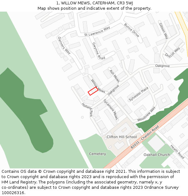 1, WILLOW MEWS, CATERHAM, CR3 5WJ: Location map and indicative extent of plot