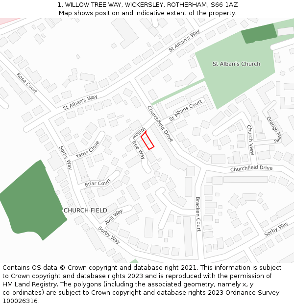 1, WILLOW TREE WAY, WICKERSLEY, ROTHERHAM, S66 1AZ: Location map and indicative extent of plot