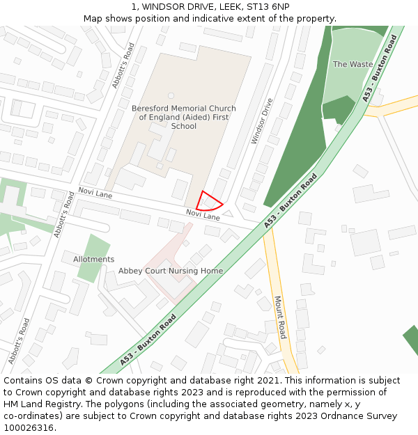 1, WINDSOR DRIVE, LEEK, ST13 6NP: Location map and indicative extent of plot