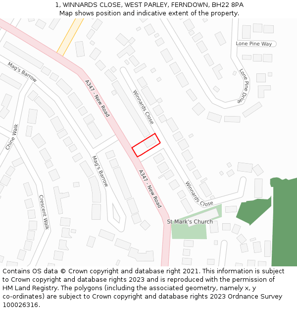 1, WINNARDS CLOSE, WEST PARLEY, FERNDOWN, BH22 8PA: Location map and indicative extent of plot