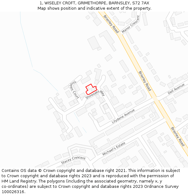 1, WISELEY CROFT, GRIMETHORPE, BARNSLEY, S72 7AX: Location map and indicative extent of plot