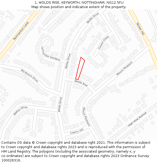 1, WOLDS RISE, KEYWORTH, NOTTINGHAM, NG12 5FU: Location map and indicative extent of plot