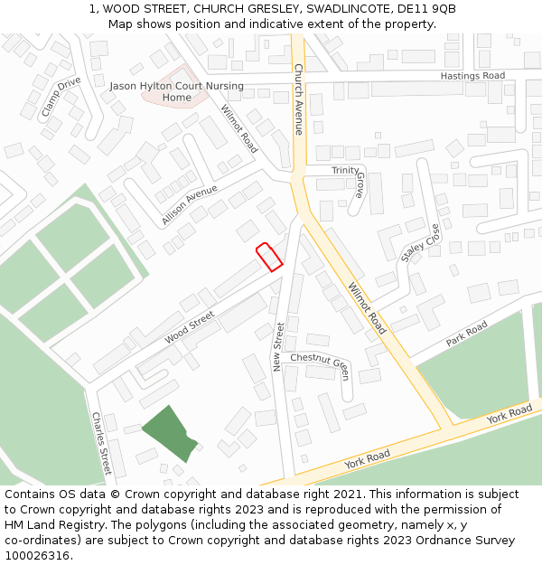 1, WOOD STREET, CHURCH GRESLEY, SWADLINCOTE, DE11 9QB: Location map and indicative extent of plot