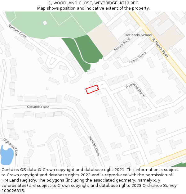 1, WOODLAND CLOSE, WEYBRIDGE, KT13 9EG: Location map and indicative extent of plot