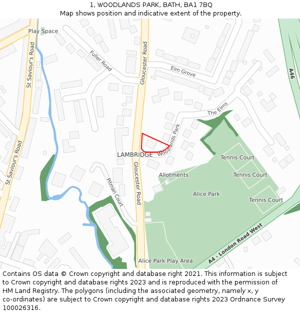 1, WOODLANDS PARK, BATH, BA1 7BQ: Location map and indicative extent of plot