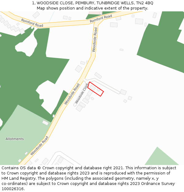 1, WOODSIDE CLOSE, PEMBURY, TUNBRIDGE WELLS, TN2 4BQ: Location map and indicative extent of plot