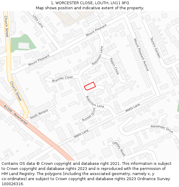 1, WORCESTER CLOSE, LOUTH, LN11 9FG: Location map and indicative extent of plot