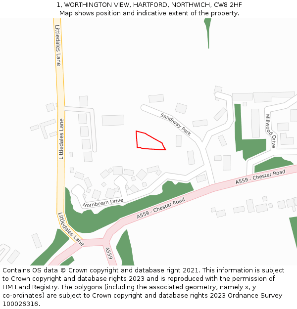 1, WORTHINGTON VIEW, HARTFORD, NORTHWICH, CW8 2HF: Location map and indicative extent of plot