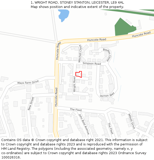 1, WRIGHT ROAD, STONEY STANTON, LEICESTER, LE9 4AL: Location map and indicative extent of plot