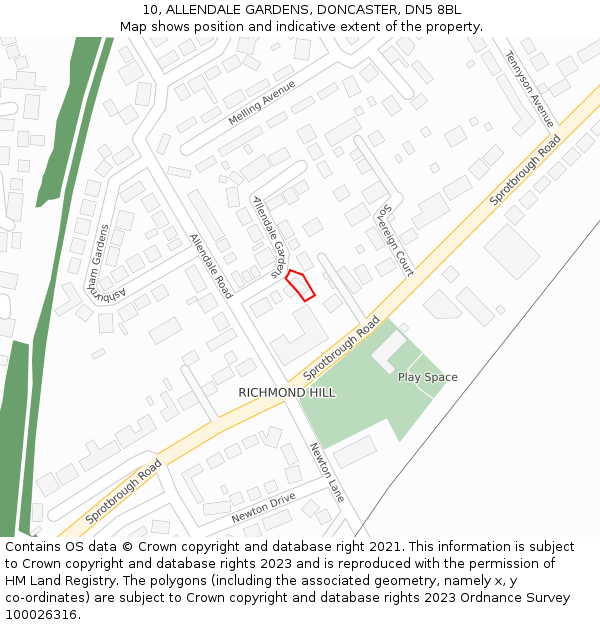 10, ALLENDALE GARDENS, DONCASTER, DN5 8BL: Location map and indicative extent of plot