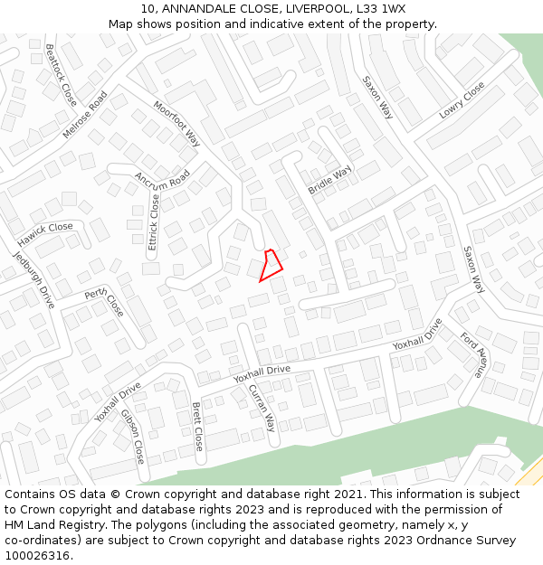 10, ANNANDALE CLOSE, LIVERPOOL, L33 1WX: Location map and indicative extent of plot