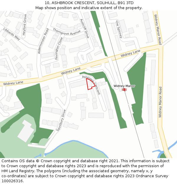 10, ASHBROOK CRESCENT, SOLIHULL, B91 3TD: Location map and indicative extent of plot