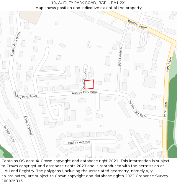 10, AUDLEY PARK ROAD, BATH, BA1 2XL: Location map and indicative extent of plot