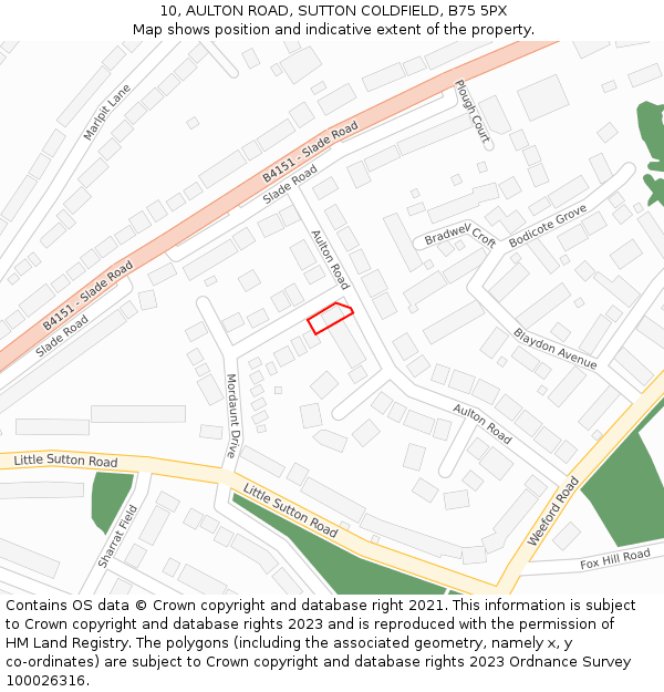 10, AULTON ROAD, SUTTON COLDFIELD, B75 5PX: Location map and indicative extent of plot