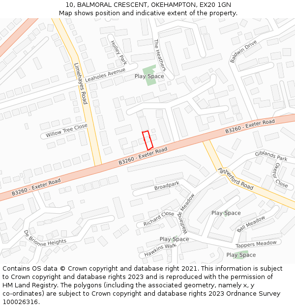 10, BALMORAL CRESCENT, OKEHAMPTON, EX20 1GN: Location map and indicative extent of plot