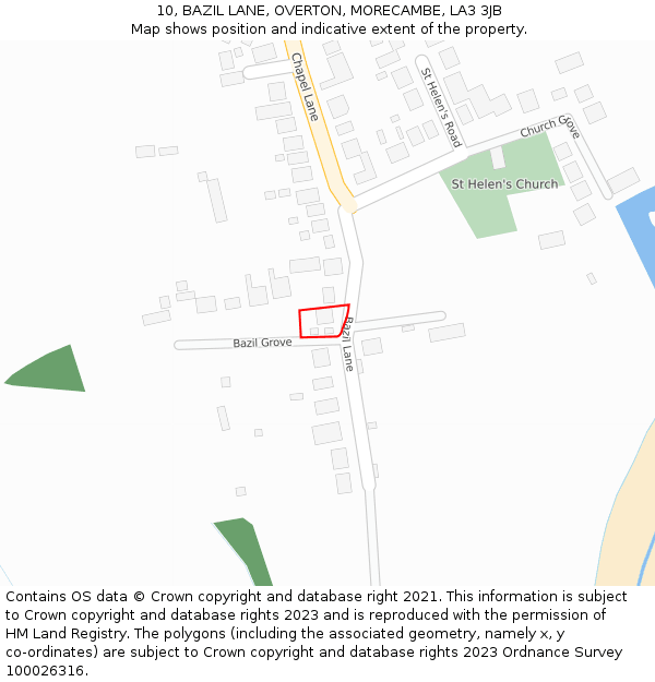 10, BAZIL LANE, OVERTON, MORECAMBE, LA3 3JB: Location map and indicative extent of plot