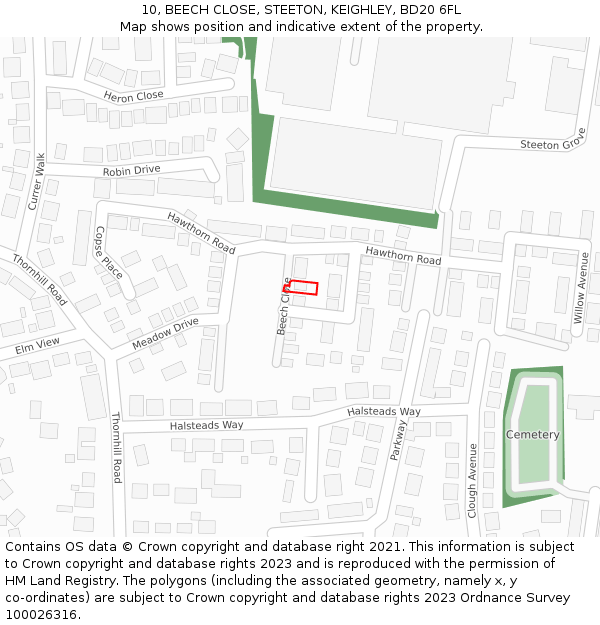 10, BEECH CLOSE, STEETON, KEIGHLEY, BD20 6FL: Location map and indicative extent of plot