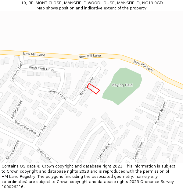 10, BELMONT CLOSE, MANSFIELD WOODHOUSE, MANSFIELD, NG19 9GD: Location map and indicative extent of plot