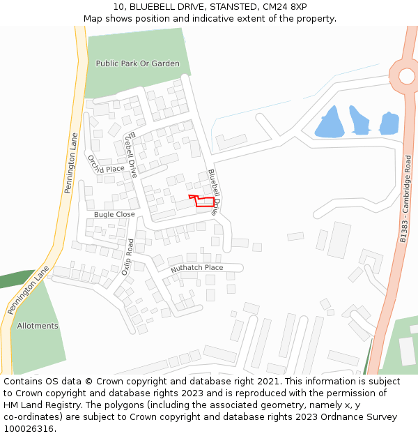 10, BLUEBELL DRIVE, STANSTED, CM24 8XP: Location map and indicative extent of plot