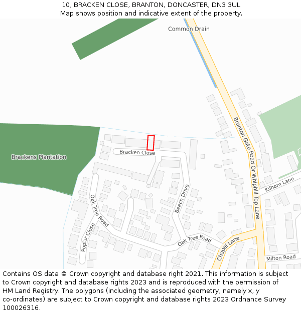 10, BRACKEN CLOSE, BRANTON, DONCASTER, DN3 3UL: Location map and indicative extent of plot