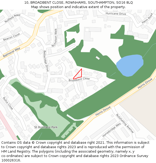 10, BROADBENT CLOSE, ROWNHAMS, SOUTHAMPTON, SO16 8LQ: Location map and indicative extent of plot