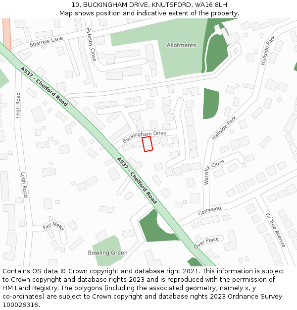 10, BUCKINGHAM DRIVE, KNUTSFORD, WA16 8LH: Location map and indicative extent of plot